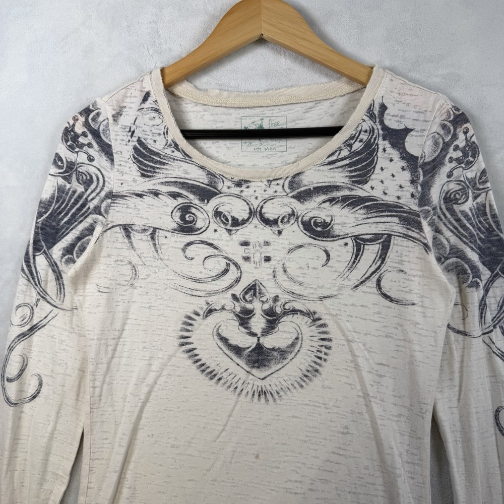 Vintage Free People Burn Out Long Sleeve Tattoo, Crown Birds, Medium Cream Color - Picture 2 of 11